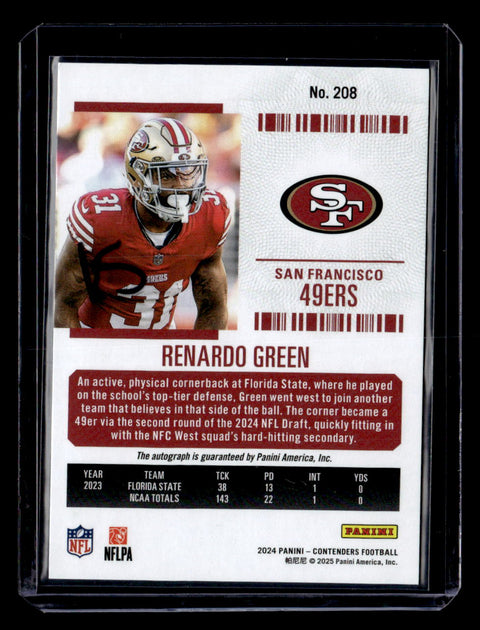 2024 Panini Contenders #208 Renardo Green Midfield Ticket Auto /50
