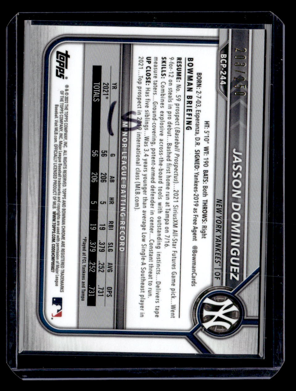 2022 Bowman Chrome #BCP-244 Jasson Dominguez Prospects Shimmer Refractor