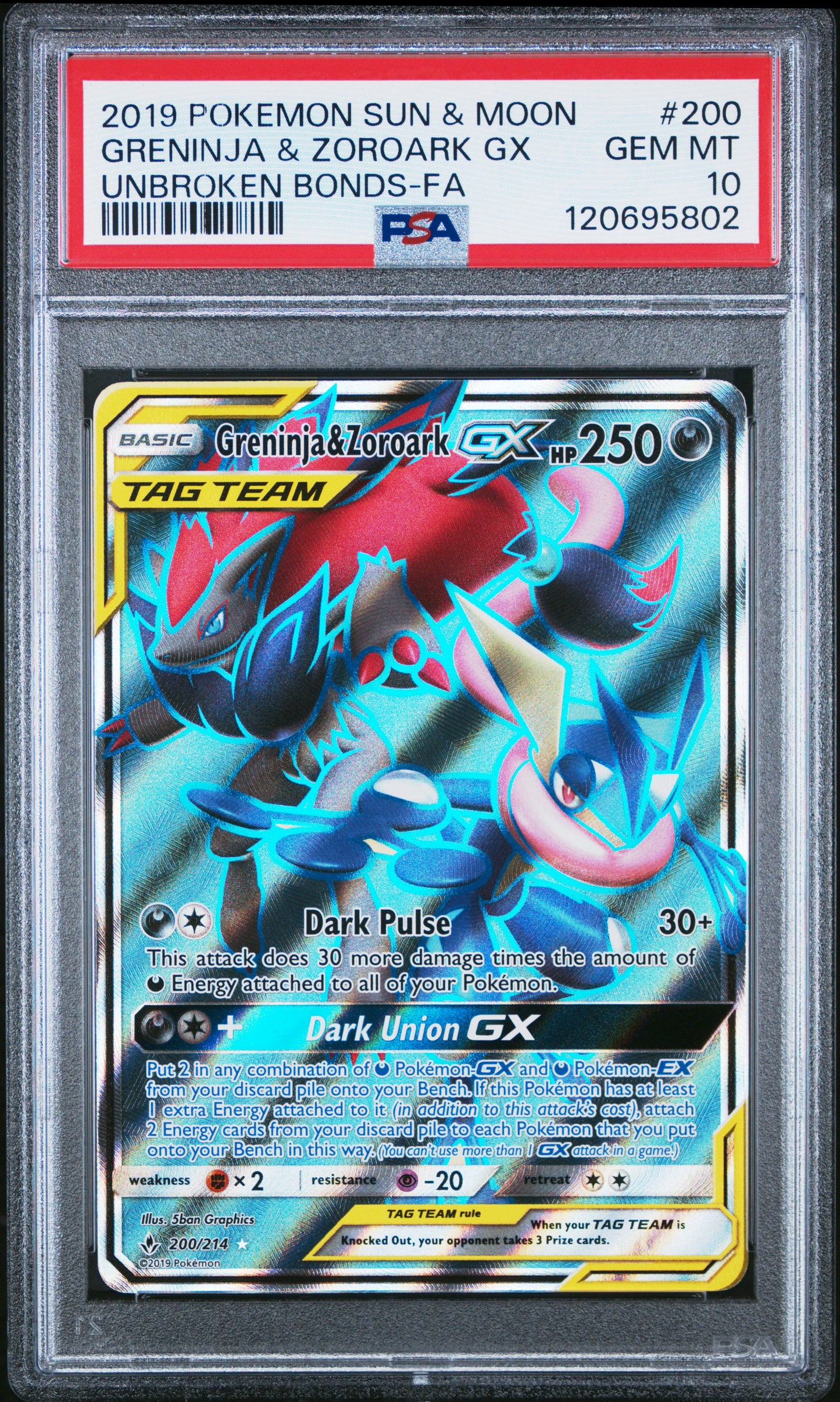 2019 Pokemon Sun & Moon Unbroken Bonds Greninja & Zoroark Gx #200 PSA 10