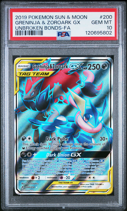 2019 Pokemon Sun & Moon Unbroken Bonds Greninja & Zoroark Gx #200 PSA 10