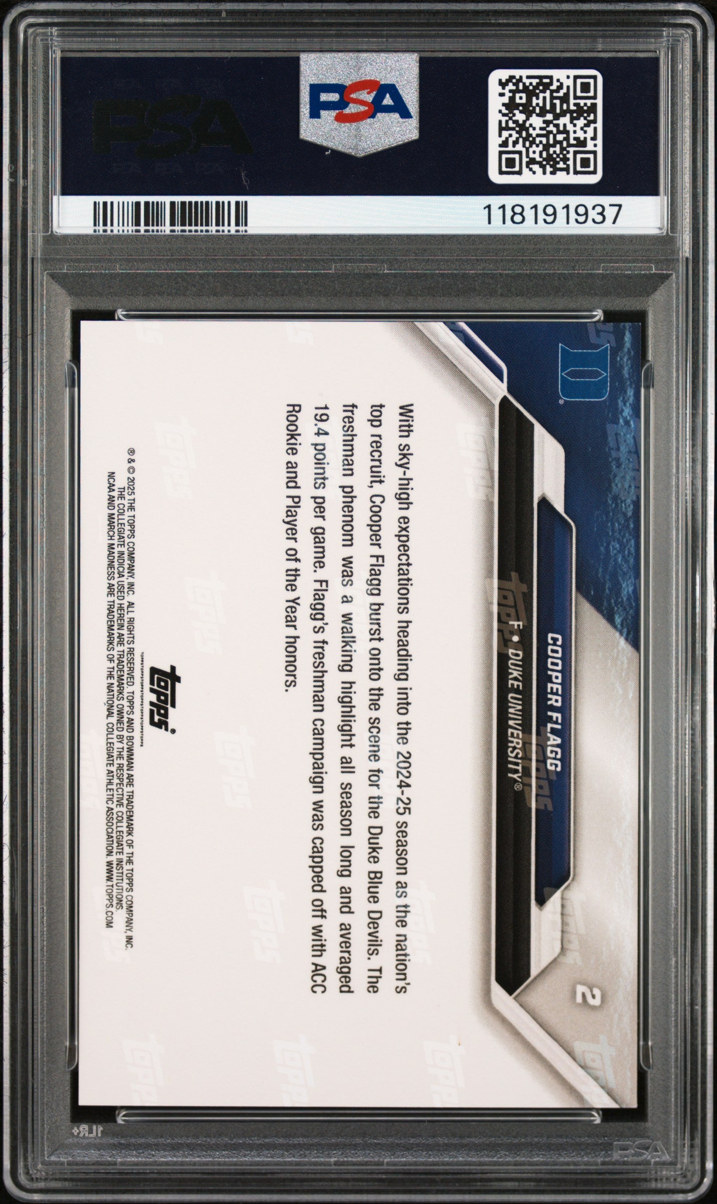 2025 Bowman U Now March Madness #2 Cooper Flagg PSA 9
