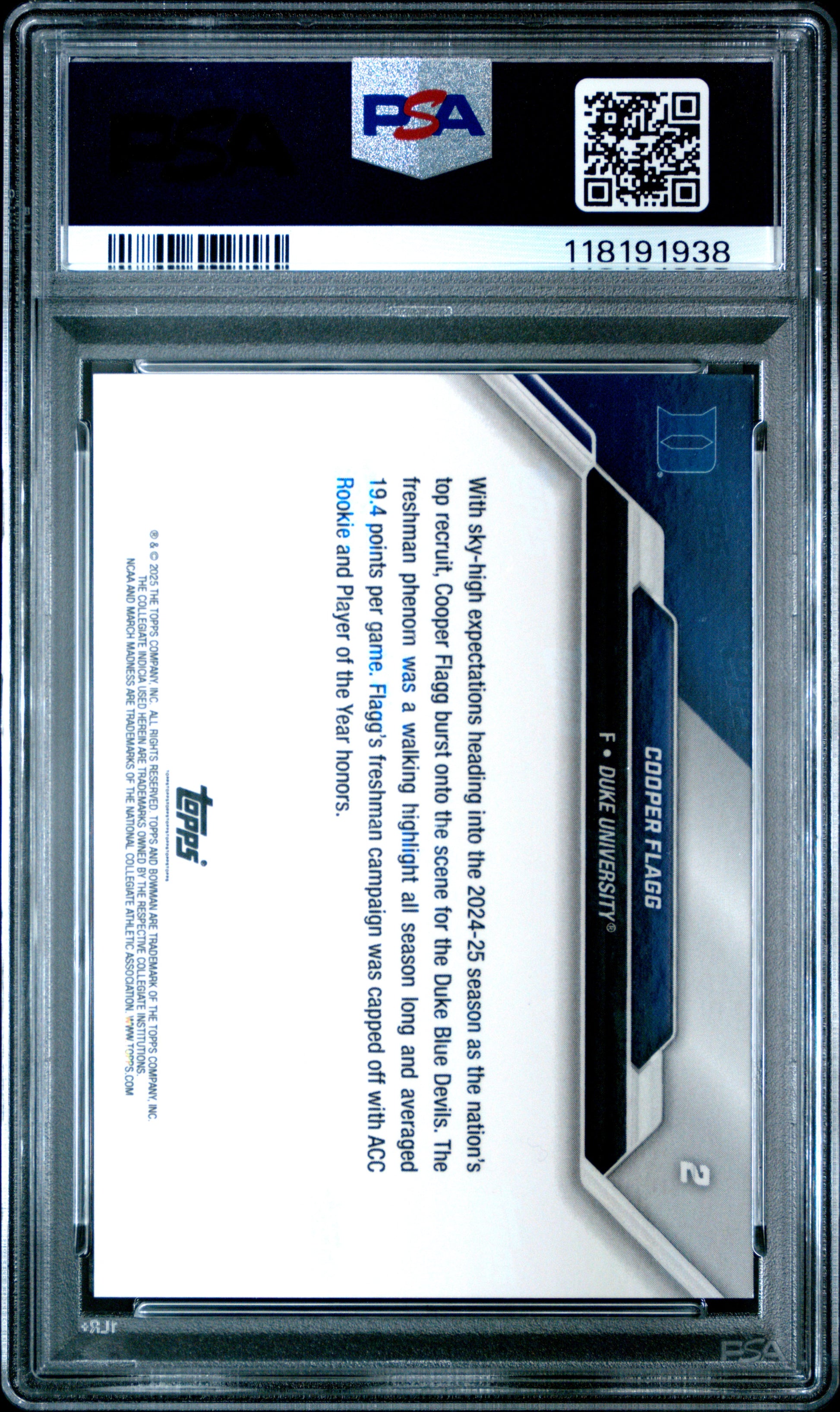 2025 Bowman U Now March Madness #2 Cooper Flagg PSA 9