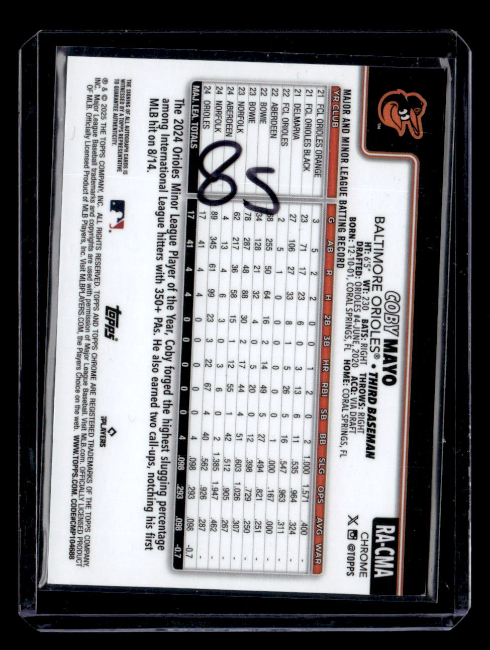 2025 Topps Chrome Sapphire #RA-CMA Coby Mayo Blue Refractor Autograph #/199
