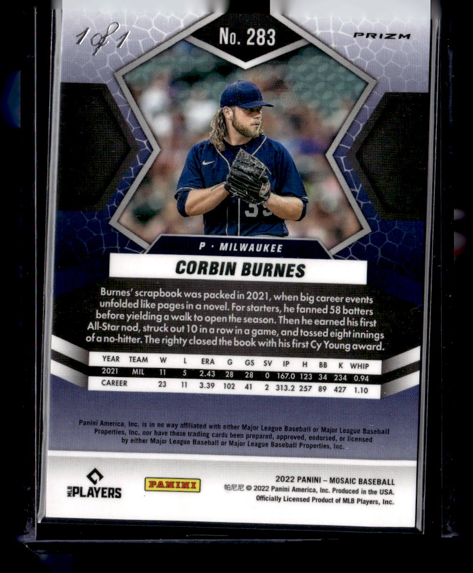 2022 Panini Mosaic #283 Corbin Burnes 2021 Cy Young Winner 1/1