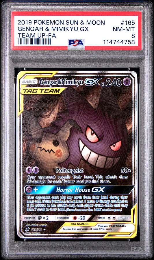 2019 Pokemon Sun & Moon Team Up Gengar & Mimikyu Gx #165 PSA 8