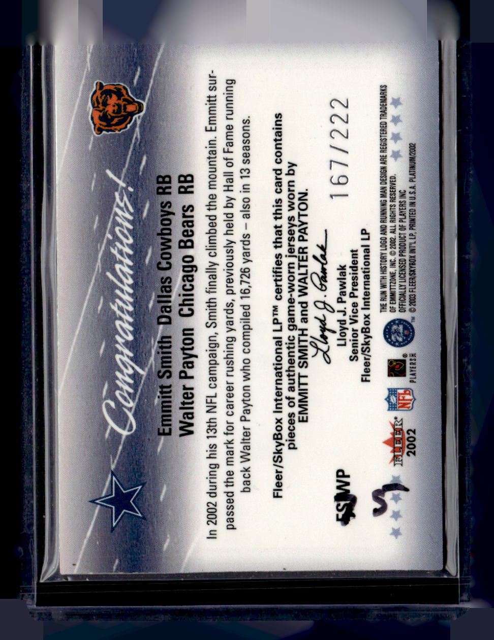 2002 Fleer Platnium #ES-WP Emmitt Smith / Walter Peyton Run With History #/222