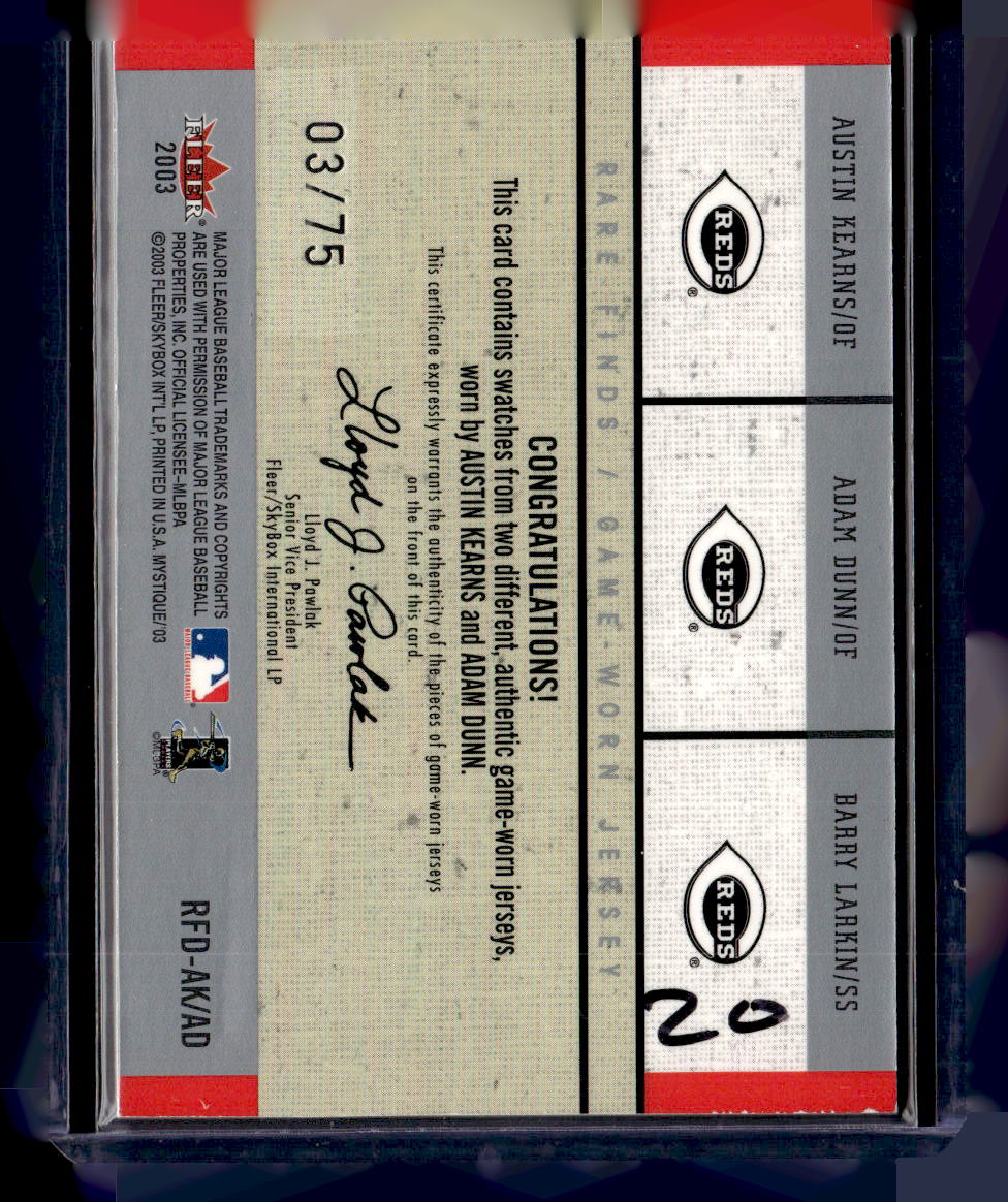2003 Fleer Mystique #RFD-AK/AD Kearns / Dunn / Larkins Duel Swatch #/75