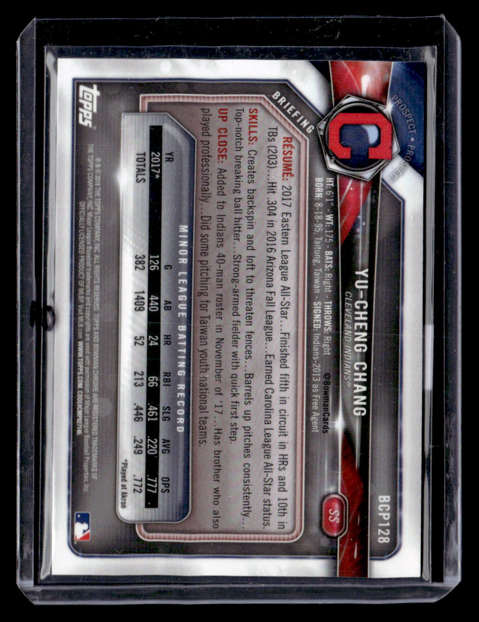 2018 Bowman #BCP128 Yu-Cheng Chang Chrome Prospects Aqua Shimmer Refractor #/125