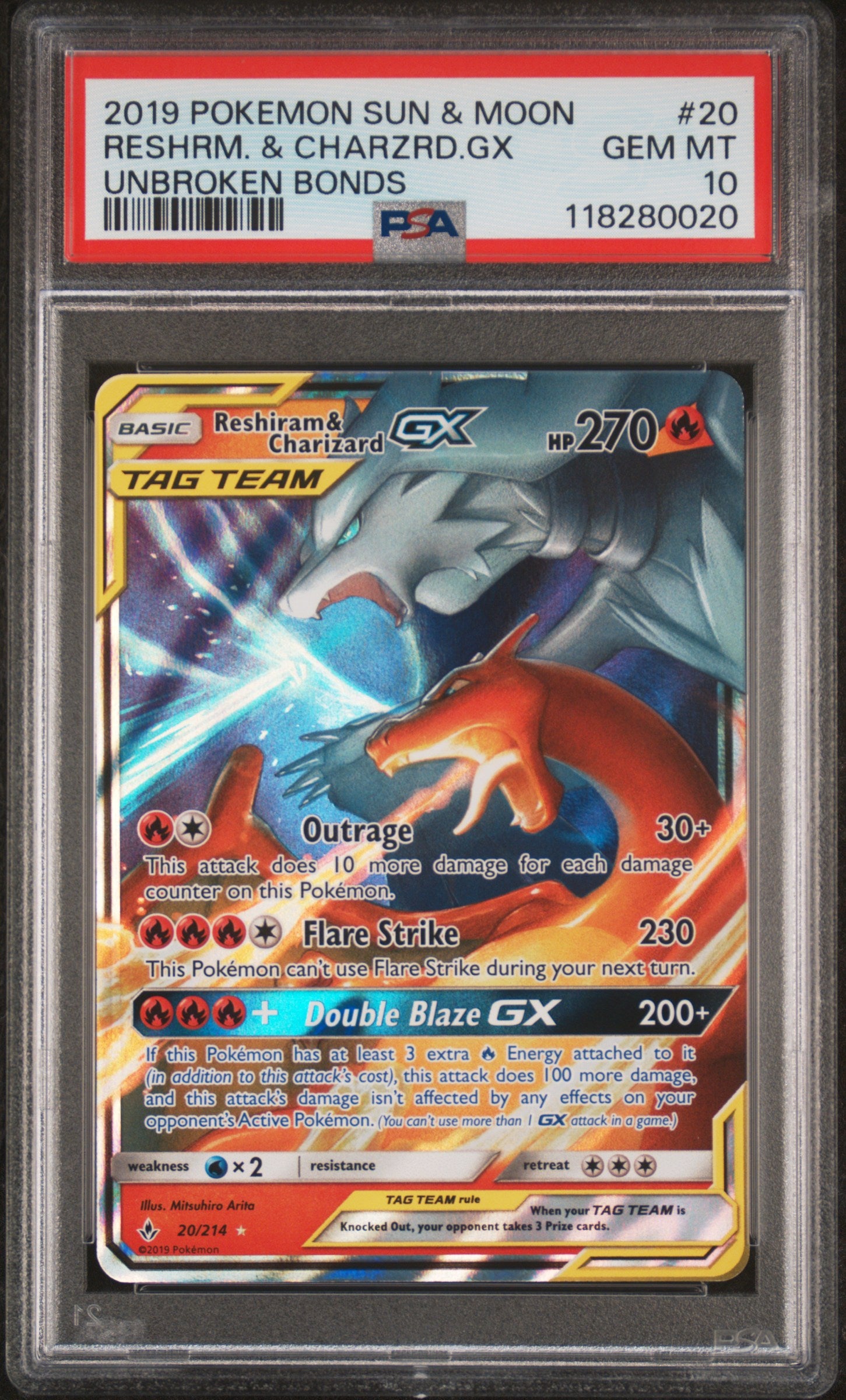 2019 Pokemon Sun & Moon Unbroken Bonds Reshrm. & Charzrd.Gx #20 PSA 10