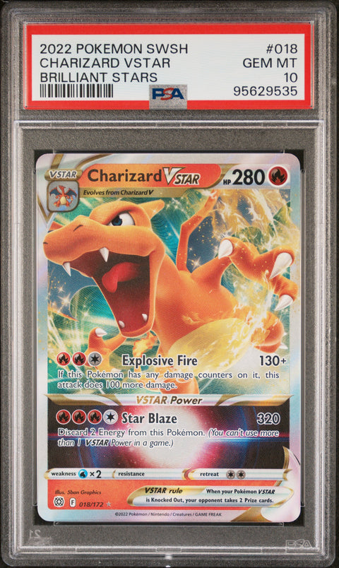 2022 Pokemon Sword & Shield Brilliant Stars Charizard Vstar #018 PSA 10
