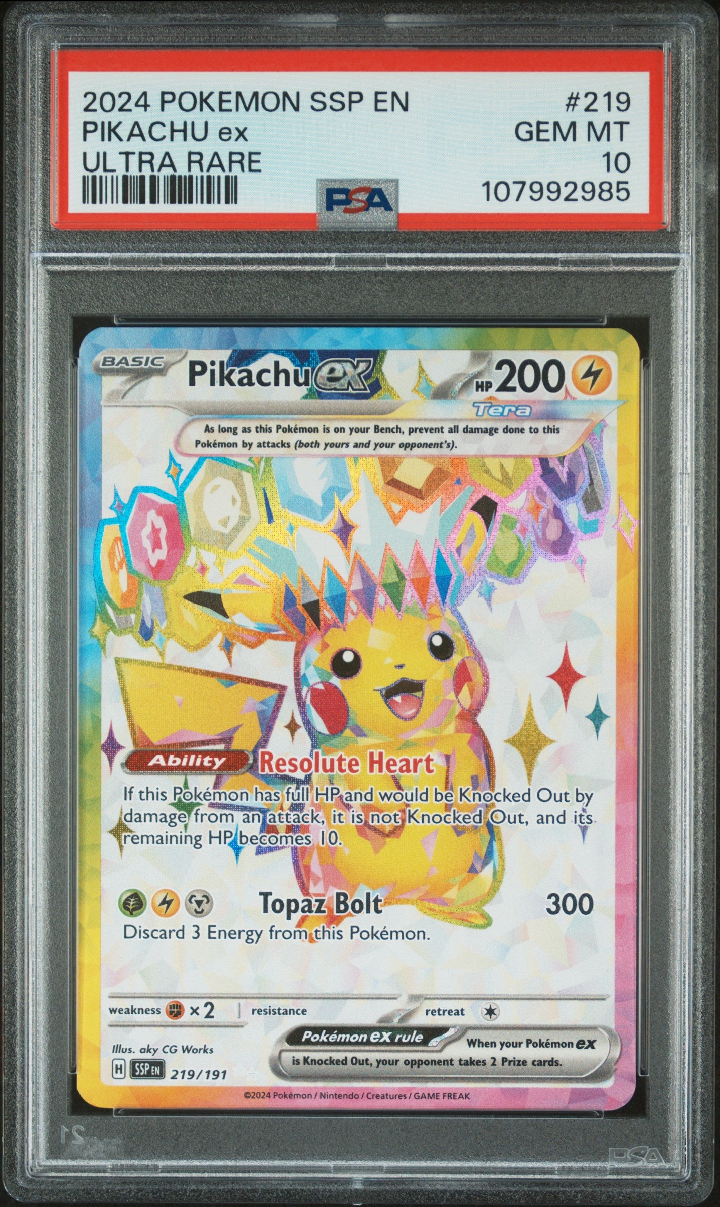 2024 Pokemon Ssp En-Surging Sparks Pikachu Ex #219 PSA 10