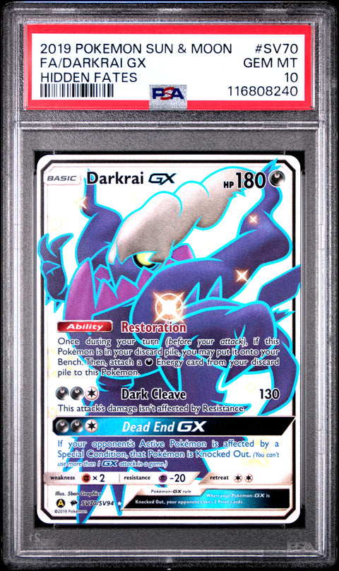 2019 Pokemon Sun & Moon Hidden Fates Fa/Darkrai Gx #SV70 PSA 10