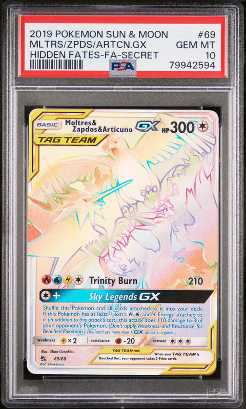 2019 Pokemon Sun & Moon Hidden Fates Mltrs/Zpds/Artcn.Gx #69 PSA 10