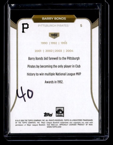 2025 Topps Welcome to the Club: 3X MVP #5 Barry Bonds Gold Stardust Foil #/50