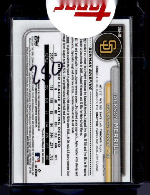 2024 Bowman Chrome #CRA-JM Jackson Merrill Rookie Autographs Blue #/150