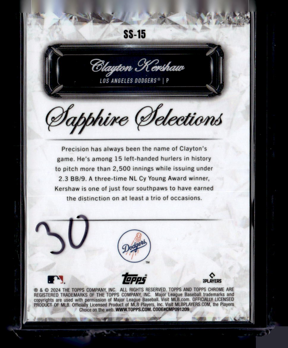 2024 Topps Chrome Update Sapphire #SS-15 Clayton Kershaw Sapphire Selections