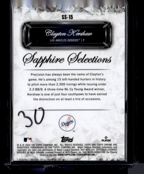 2024 Topps Chrome Update Sapphire #SS-15 Clayton Kershaw Sapphire Selections