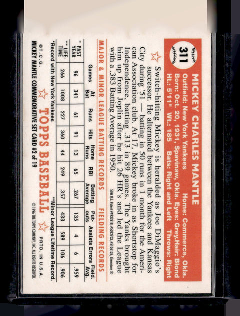 1996 Topps #2 Mickey Mantle Mickey Mantle Commemorative Reprints Finest