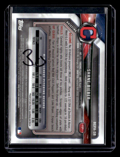 2018 Bowman Chrome #BCPA-SB Shane Bieber Auto Green Atomic Refractor #/99