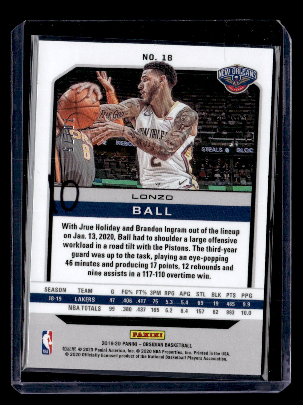 2019-20 Panini Obsidian #18 Lonzo Ball Electric Etch Purple #/75