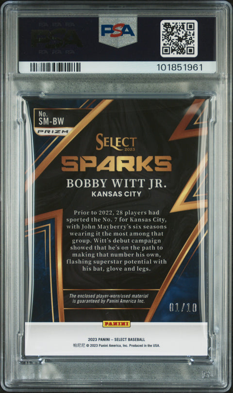 2023 Panini Select #SMBW Bobby Witt Jr. Sparks Material-Gold PSA 8