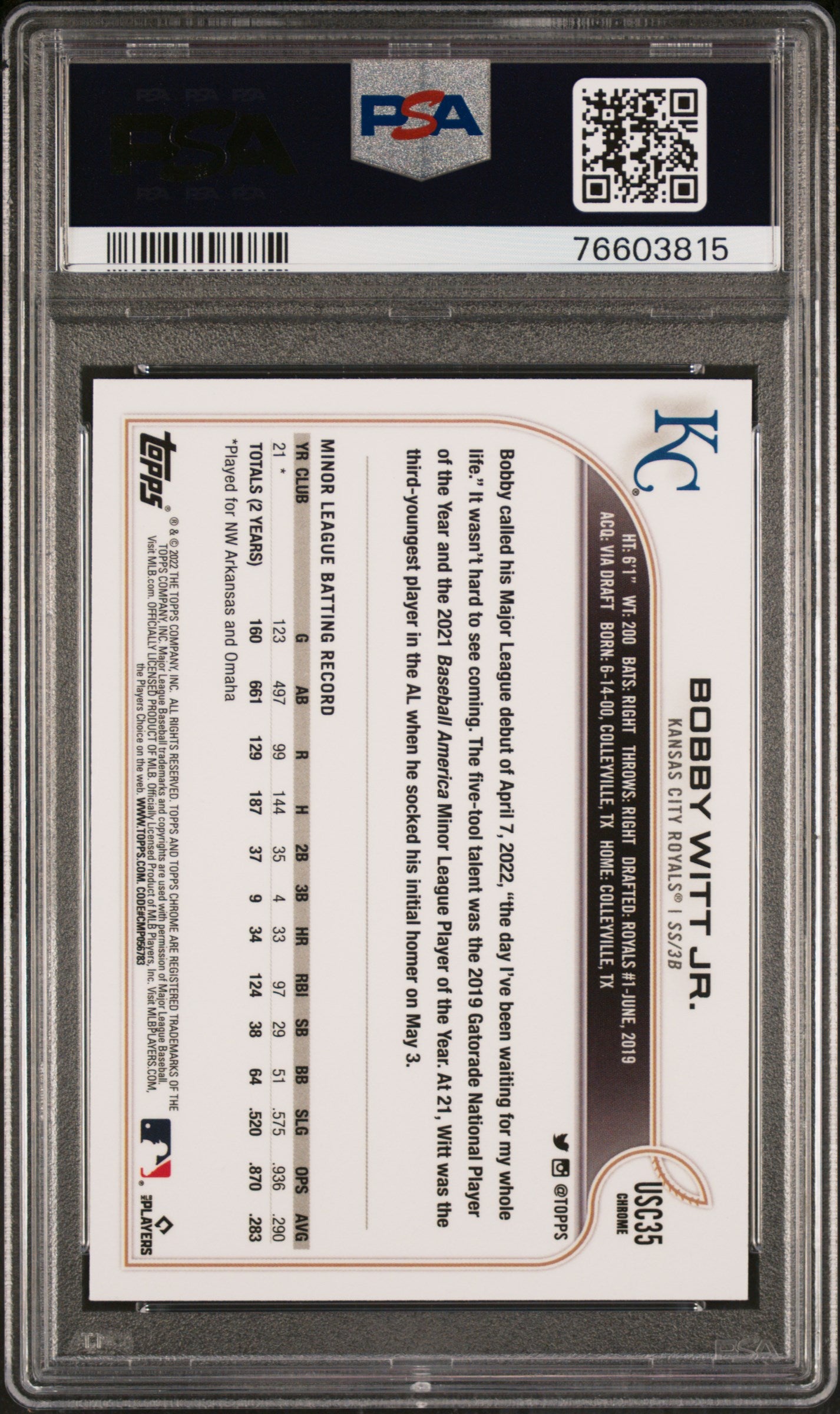 2022 Topps Chrome Update #USC35 Bobby Witt Jr. Purple Refractor PSA 9
