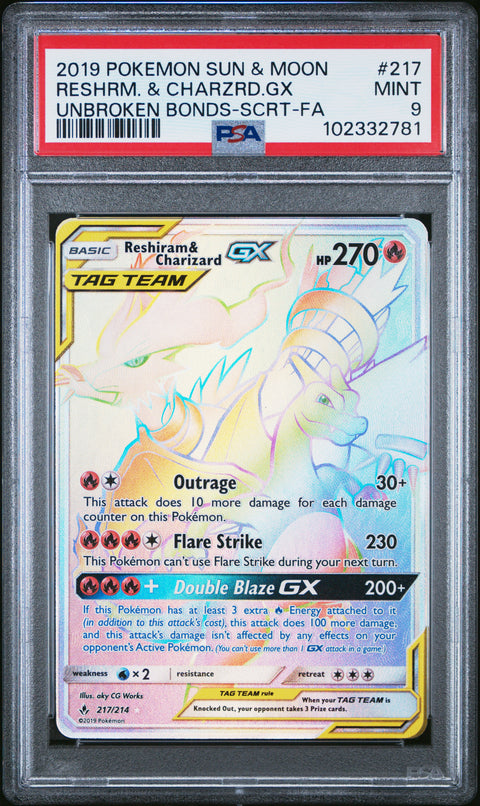 2019 Pokemon Sun & Moon Unbroken Bonds Reshrm. & Charzrd.Gx #217 PSA 9