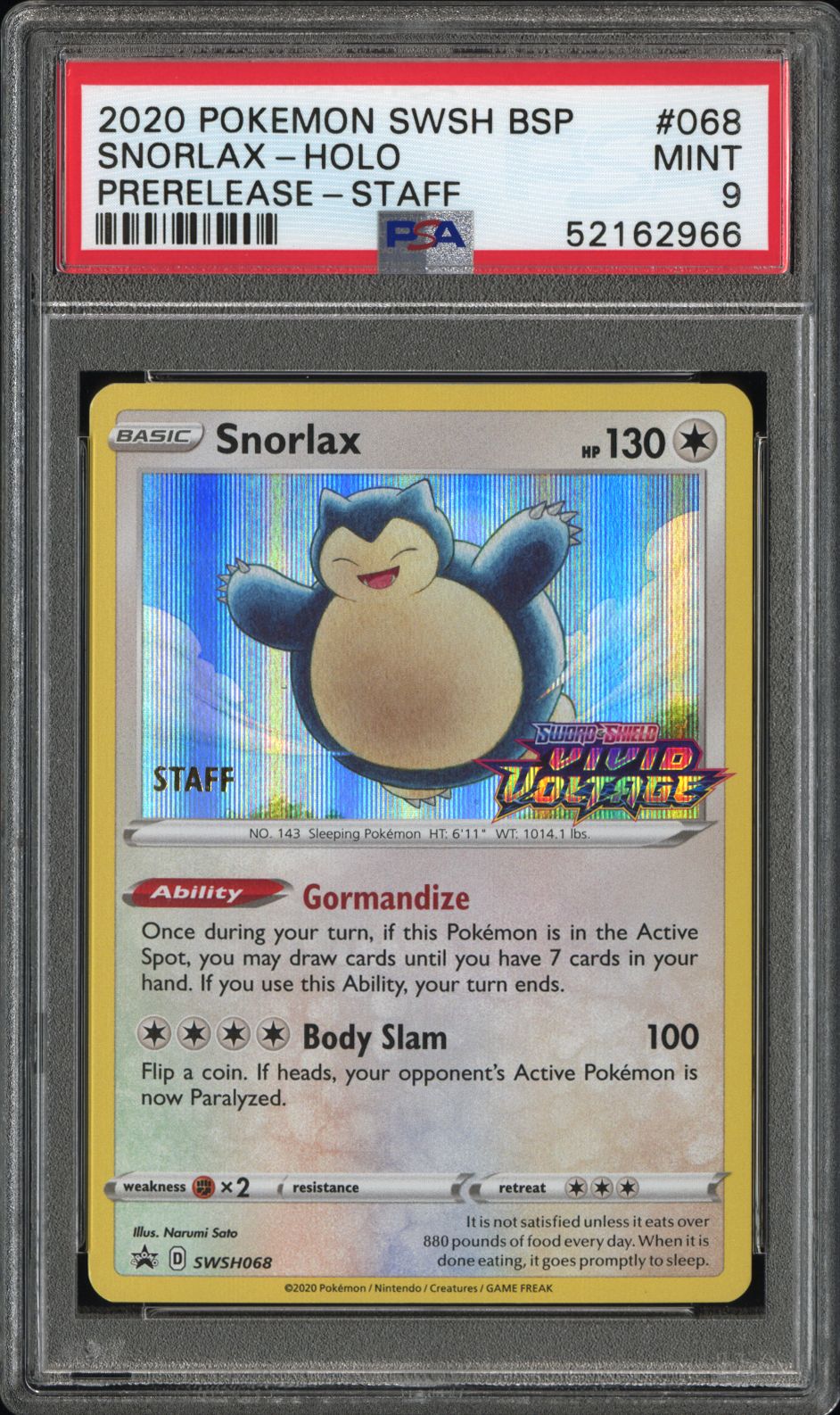 2020 POKEMON SWSH BLACK STAR PROMO SNORLAX-HOLO #068 PRERELEASE-STAFF PSA 9