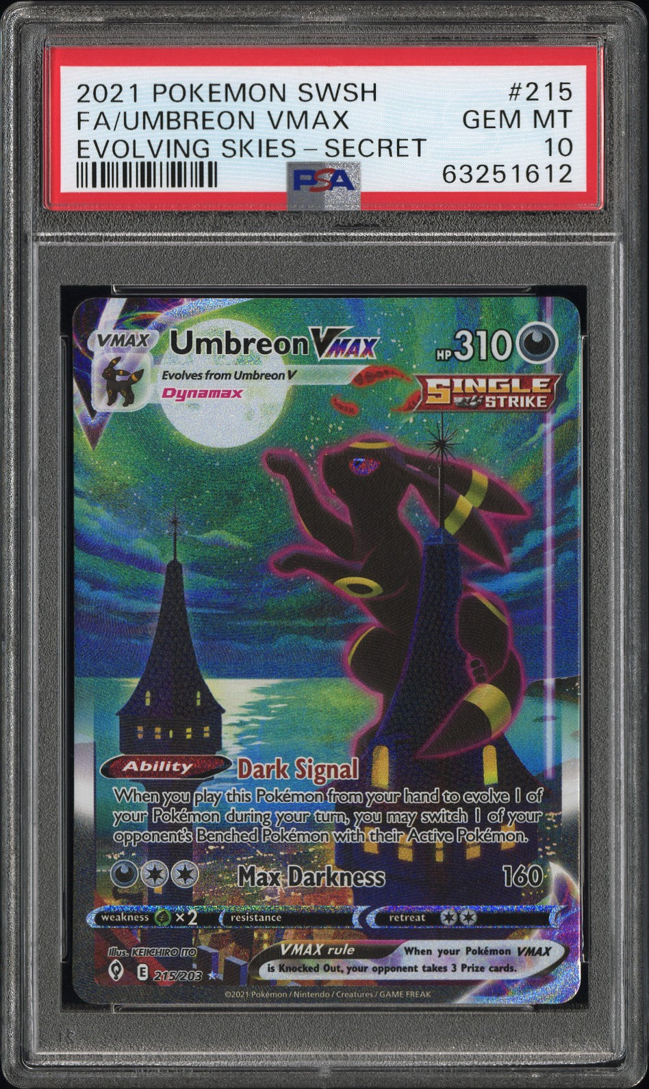 2021 POKEMON SWORD & SHIELD EVOLVING SKIES FA/UMBREON VMAX #215 EVOLVING SKIES-SECRET PSA 10