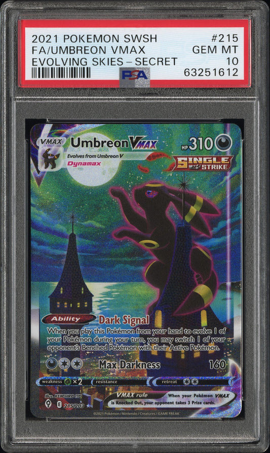 2021 POKEMON SWORD & SHIELD EVOLVING SKIES FA/UMBREON VMAX #215 EVOLVING SKIES-SECRET PSA 10