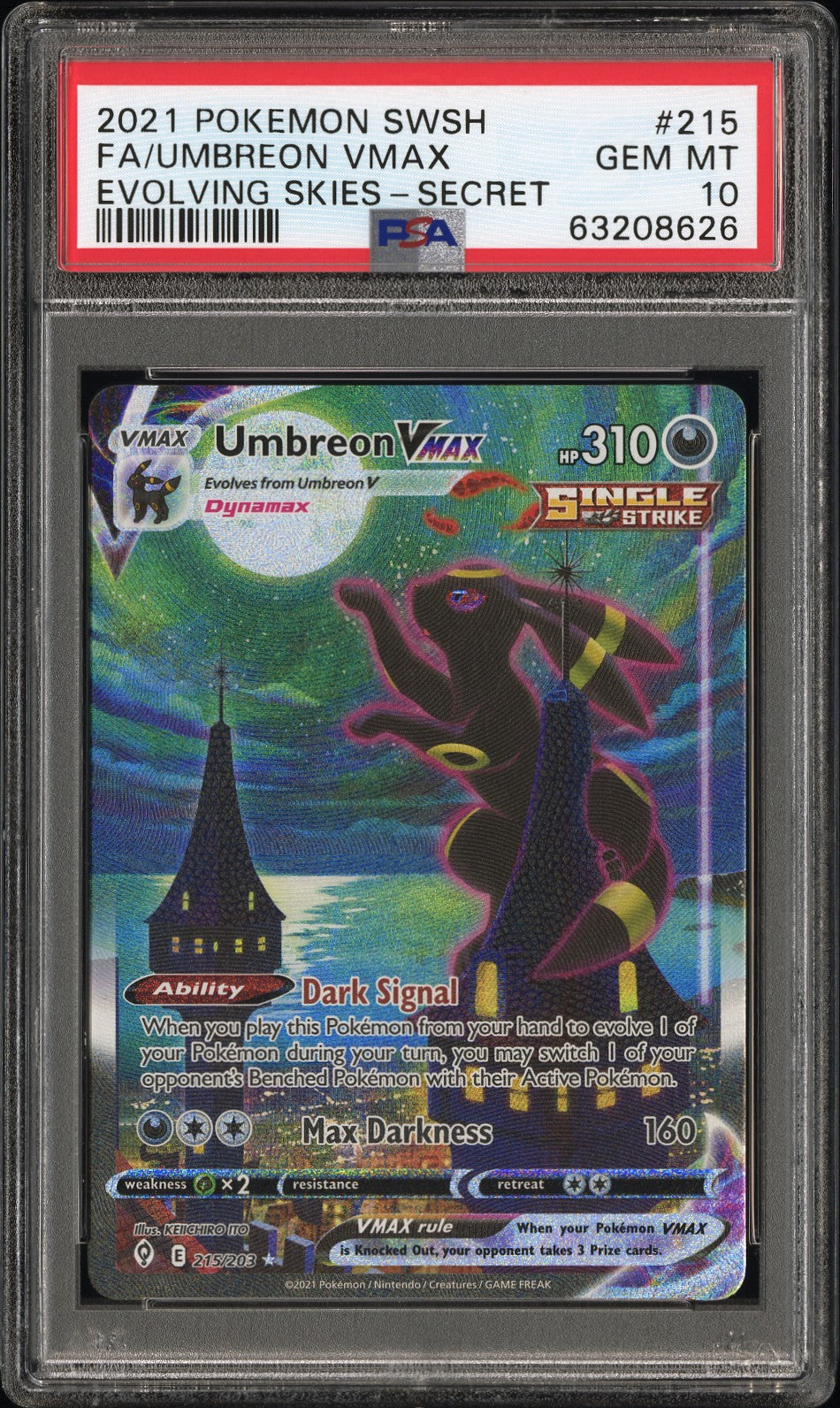 2021 POKEMON SWORD & SHIELD EVOLVING SKIES FA/UMBREON VMAX #215 EVOLVING SKIES-SECRET PSA 10