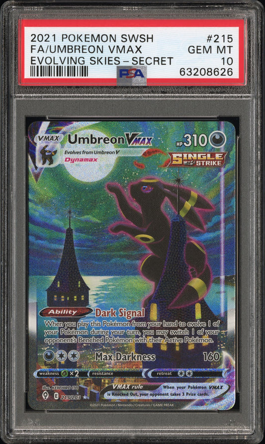 2021 POKEMON SWORD & SHIELD EVOLVING SKIES FA/UMBREON VMAX #215 EVOLVING SKIES-SECRET PSA 10