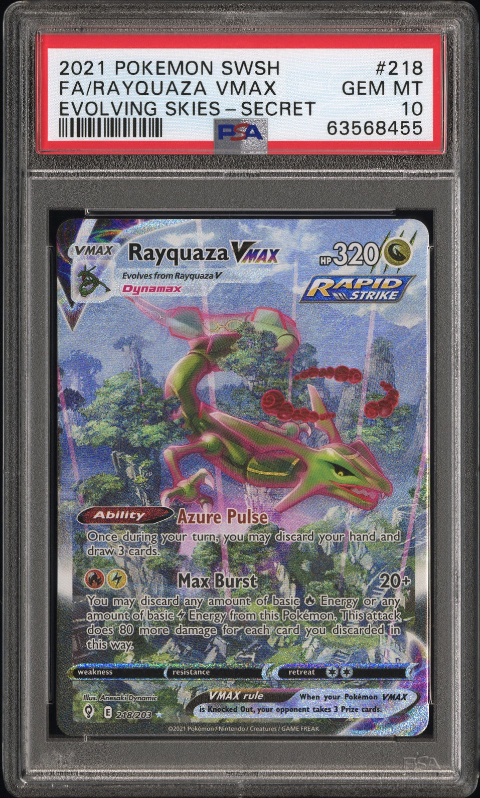 2021 POKEMON SWORD & SHIELD EVOLVING SKIES FA/RAYQUAZA VMAX #218 EVOLVING SKIES-SECRET PSA 10