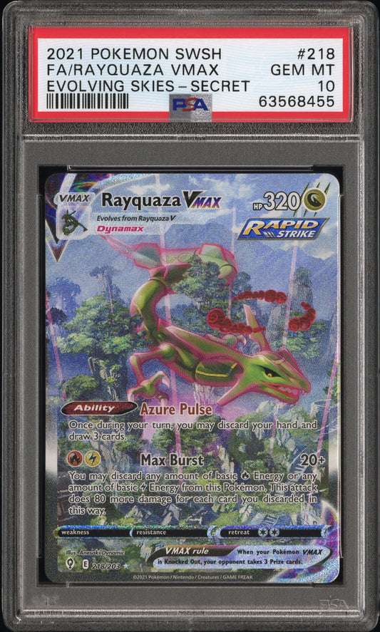 2021 POKEMON SWORD & SHIELD EVOLVING SKIES FA/RAYQUAZA VMAX #218 EVOLVING SKIES-SECRET PSA 10