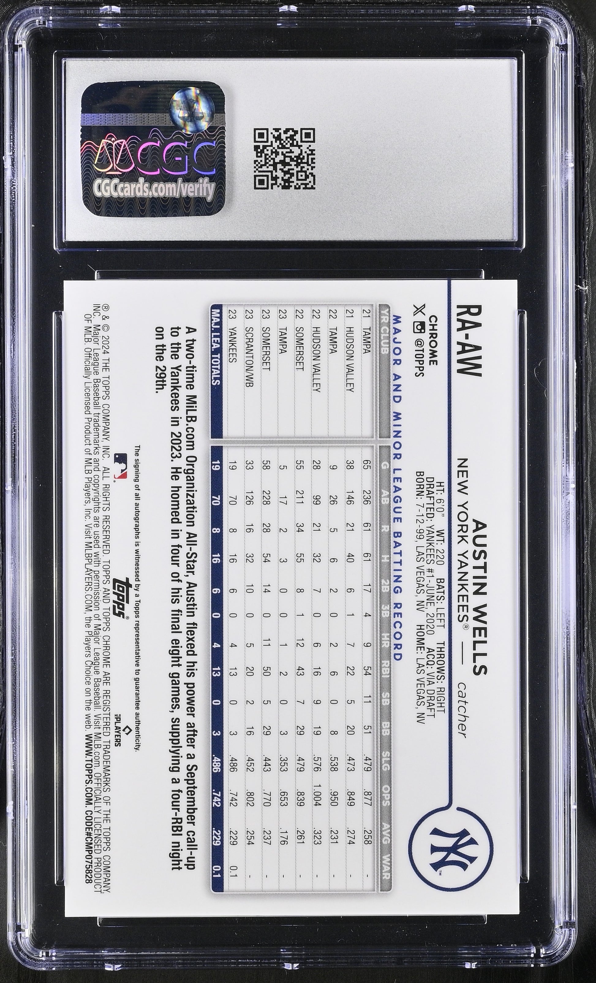 2024 Chrome #RA-AW Austin Wells Rookie Autographs CGC 9