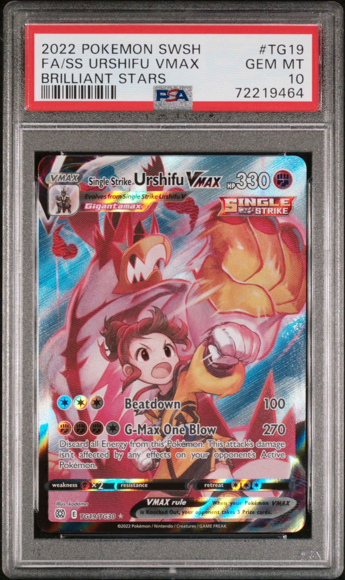 2022 Pokemon Sword & Shield Brilliant Stars #TG19 Fa/Ss Urshifu Vmax Brilliant Stars PSA 10