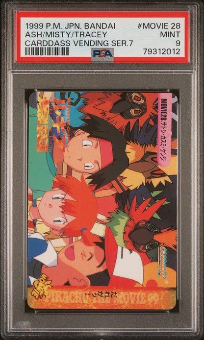 1999 Pokemon Japanese Bandai Carddass Vending Series 7 #MOVIE 28 Ash/Misty/Tracey Carddass Vending Ser.7 PSA 9