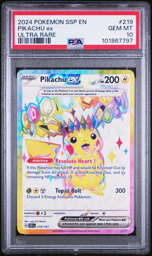 2024 Pokemon Ssp En-Surging Sparks Pikachu Ex #219 PSA 10