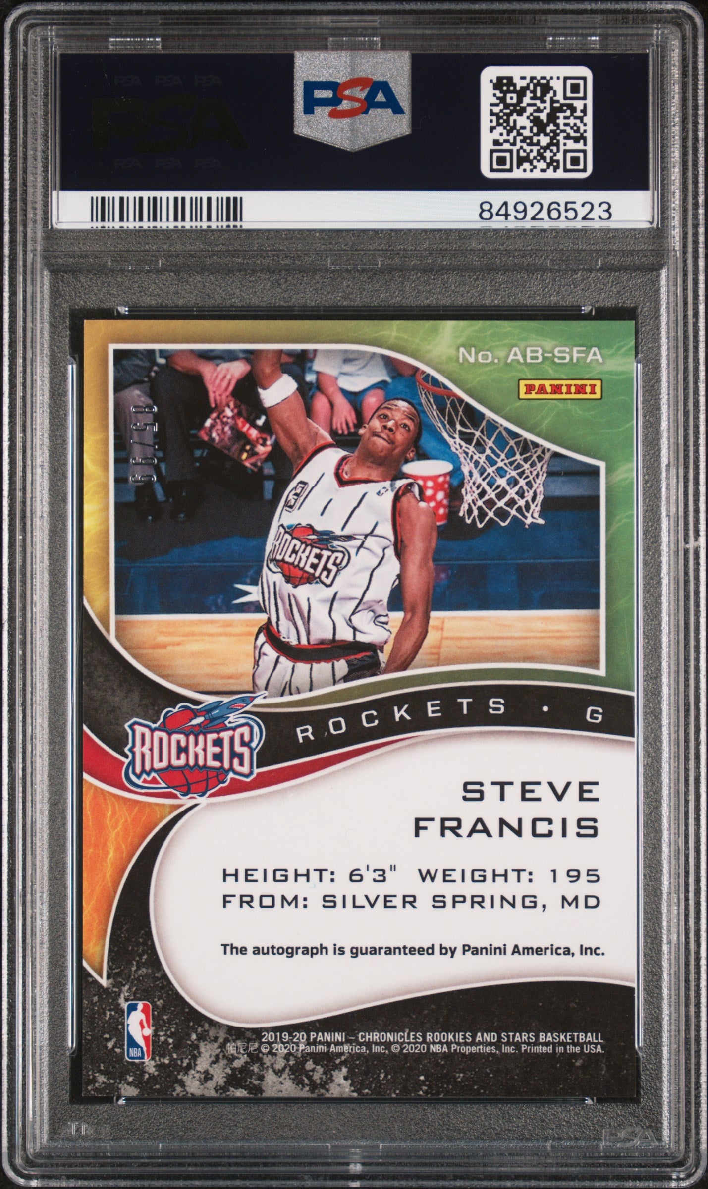2019 Panini Chronicles #ABSFA Steve Francis Airborne Signatures PSA 10 84926523