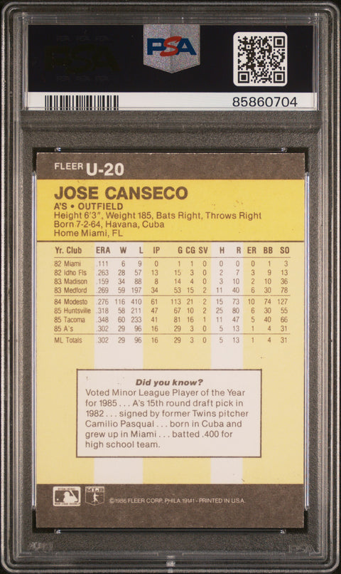 1986 Fleer Update #U-20 Jose Canseco PSA 8 85860704