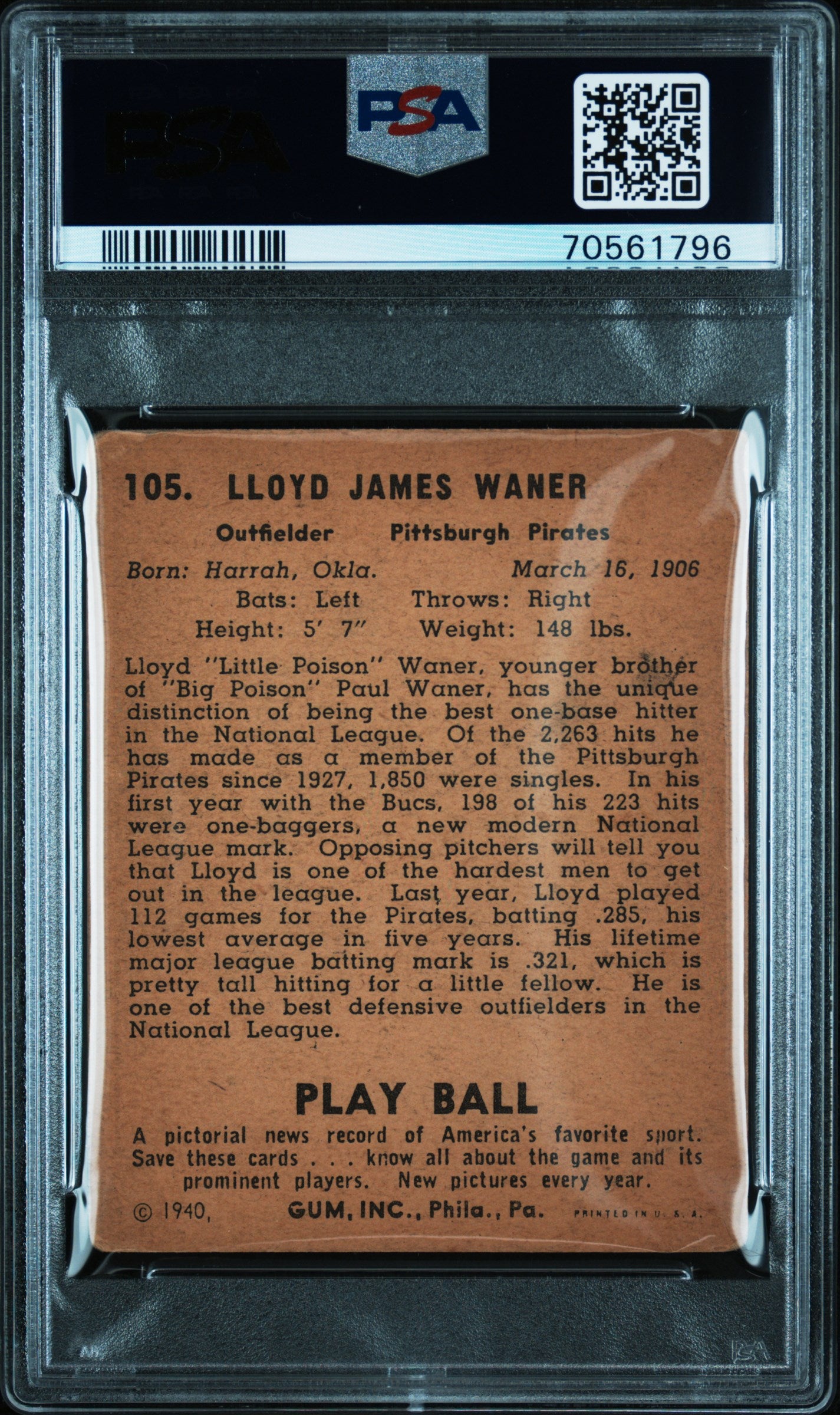 1940 Play Ball #105 Lloyd Waner PSA 3 70561796