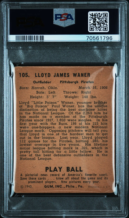 1940 Play Ball #105 Lloyd Waner PSA 3 70561796