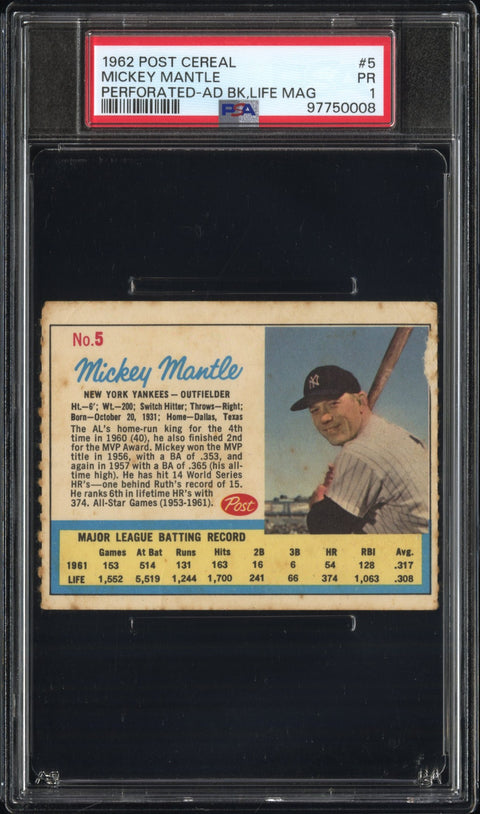 1962 Post Cereal #5 Mickey Mantle Perforated-Ad Bk,Life Mag PSA 1 97750008