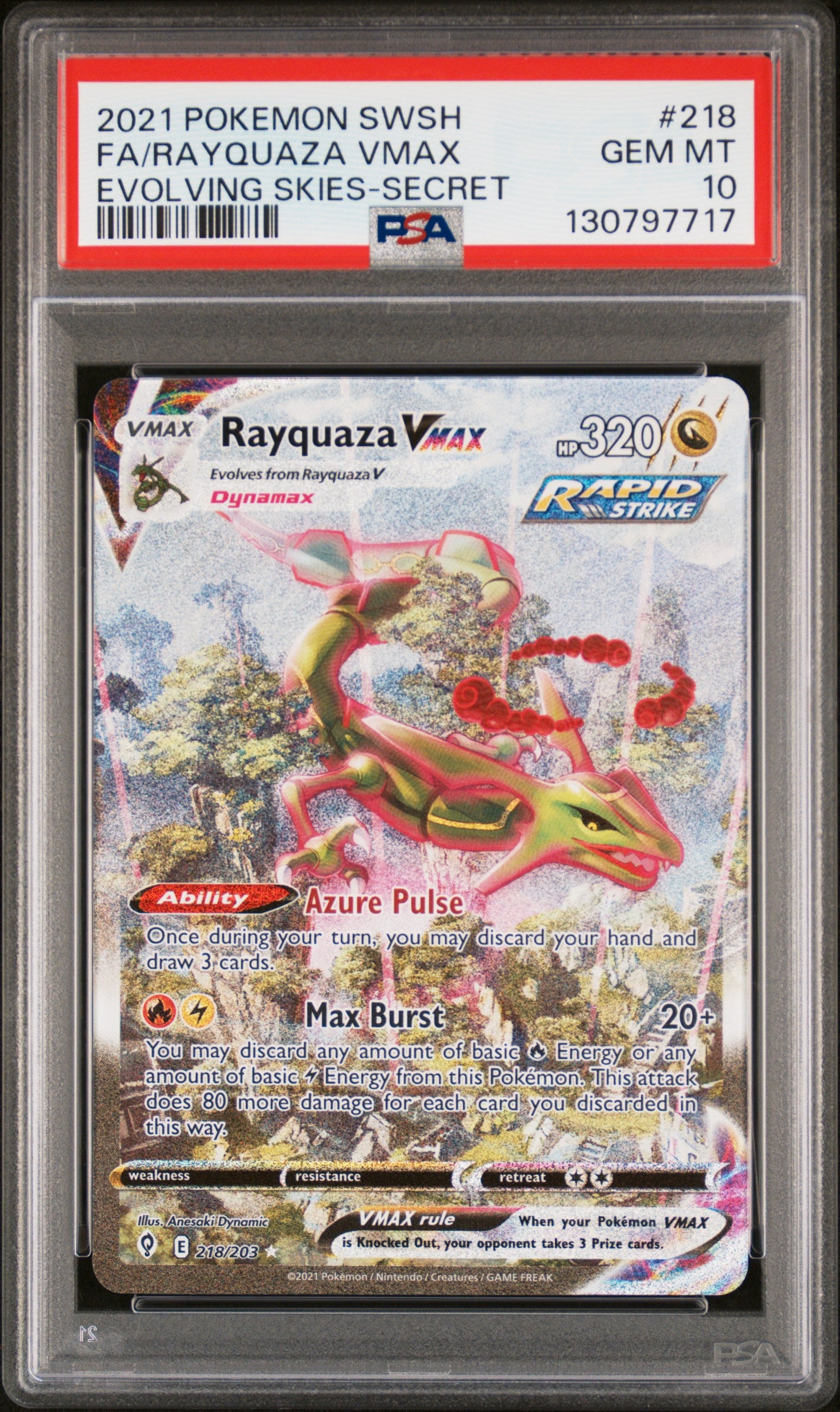 2021 Pokemon Sword & Shield Evolving Skies Fa/Rayquaza Vmax #218 PSA 10