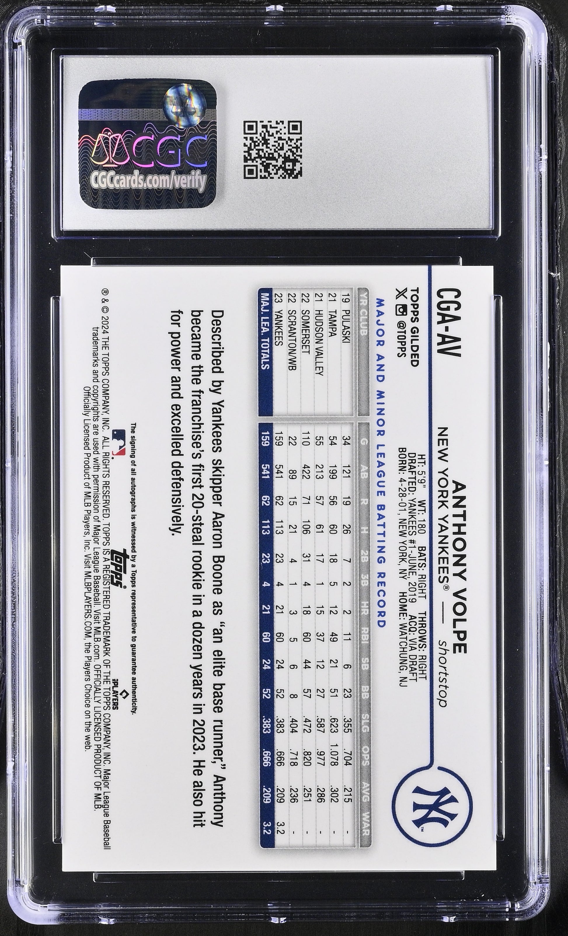 2024 Gilded Collection #CGA-AV Anthony Volpe Chrome Gold Autographs CGC 10