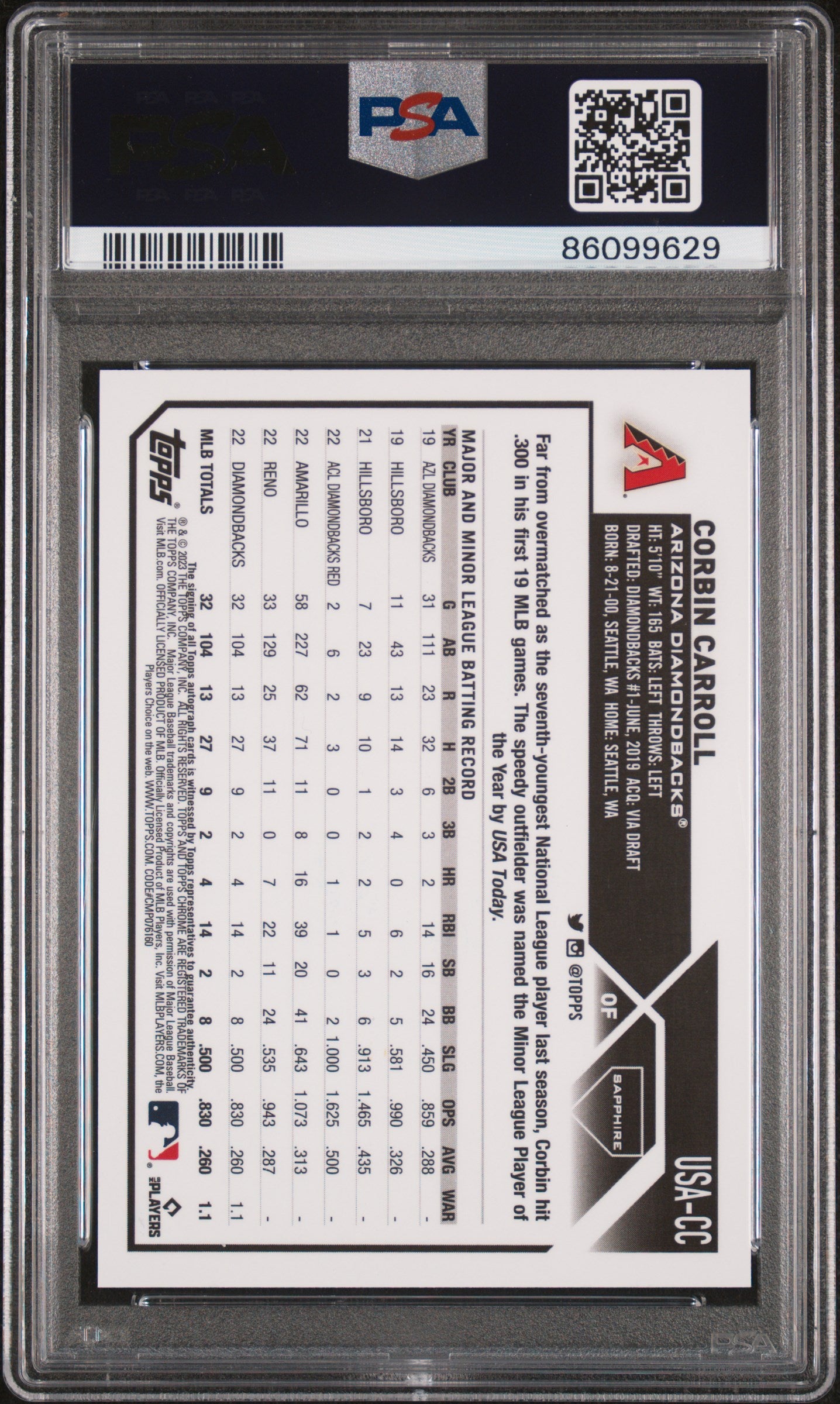 2023 Topps Chrome Update Sapphire Edition Autograph #CC Corbin Carroll PSA 9
