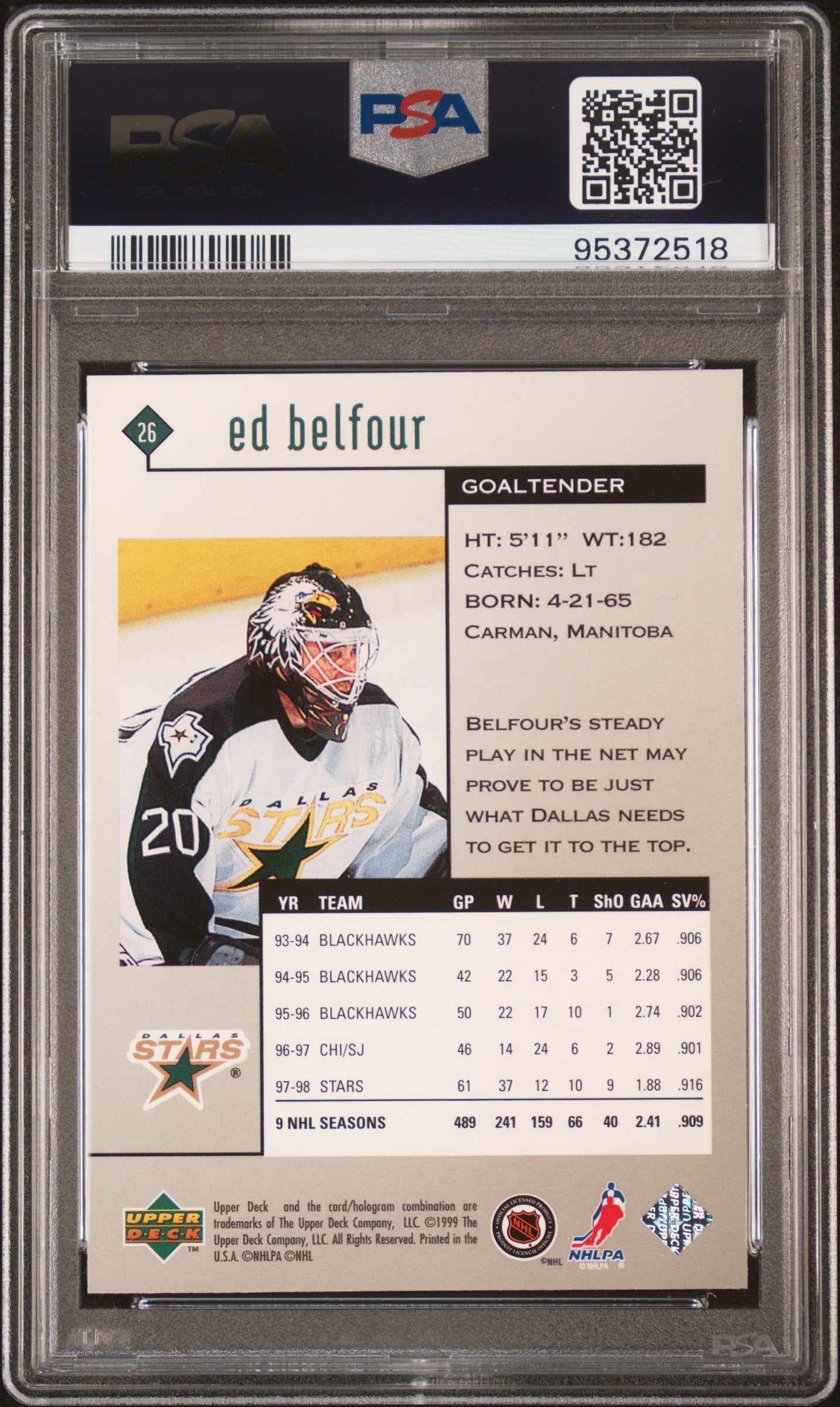 1998 Upper Deck Black Diamond #26 Ed Belfour Single PSA 9 95372518