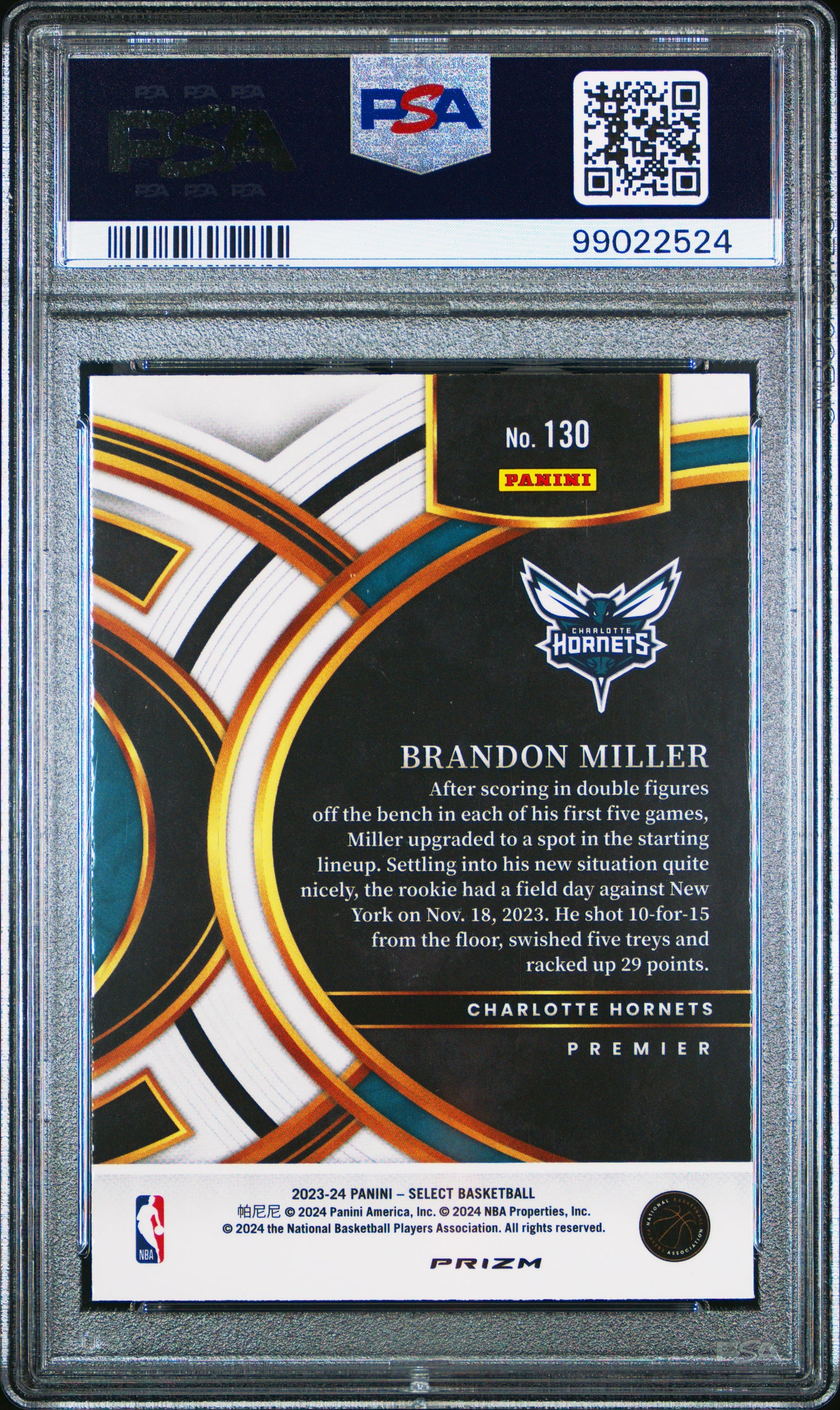 2023 Panini Select #130 Brandon Miller Green/White/Purple Prizm PSA 10 99022524