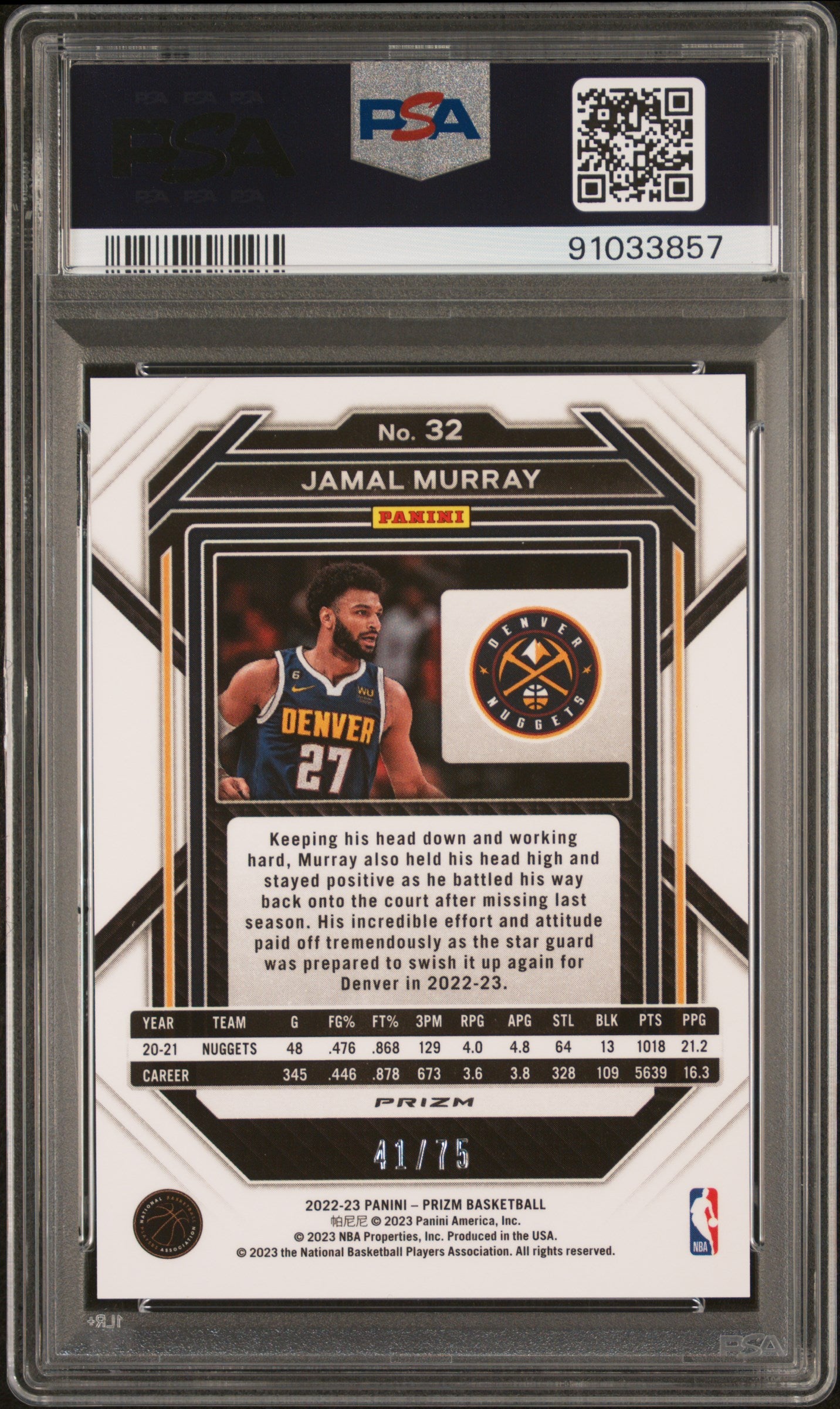 2022 Panini Prizm #32 Jamal Murray Purple Fast Break PSA 10 91033857