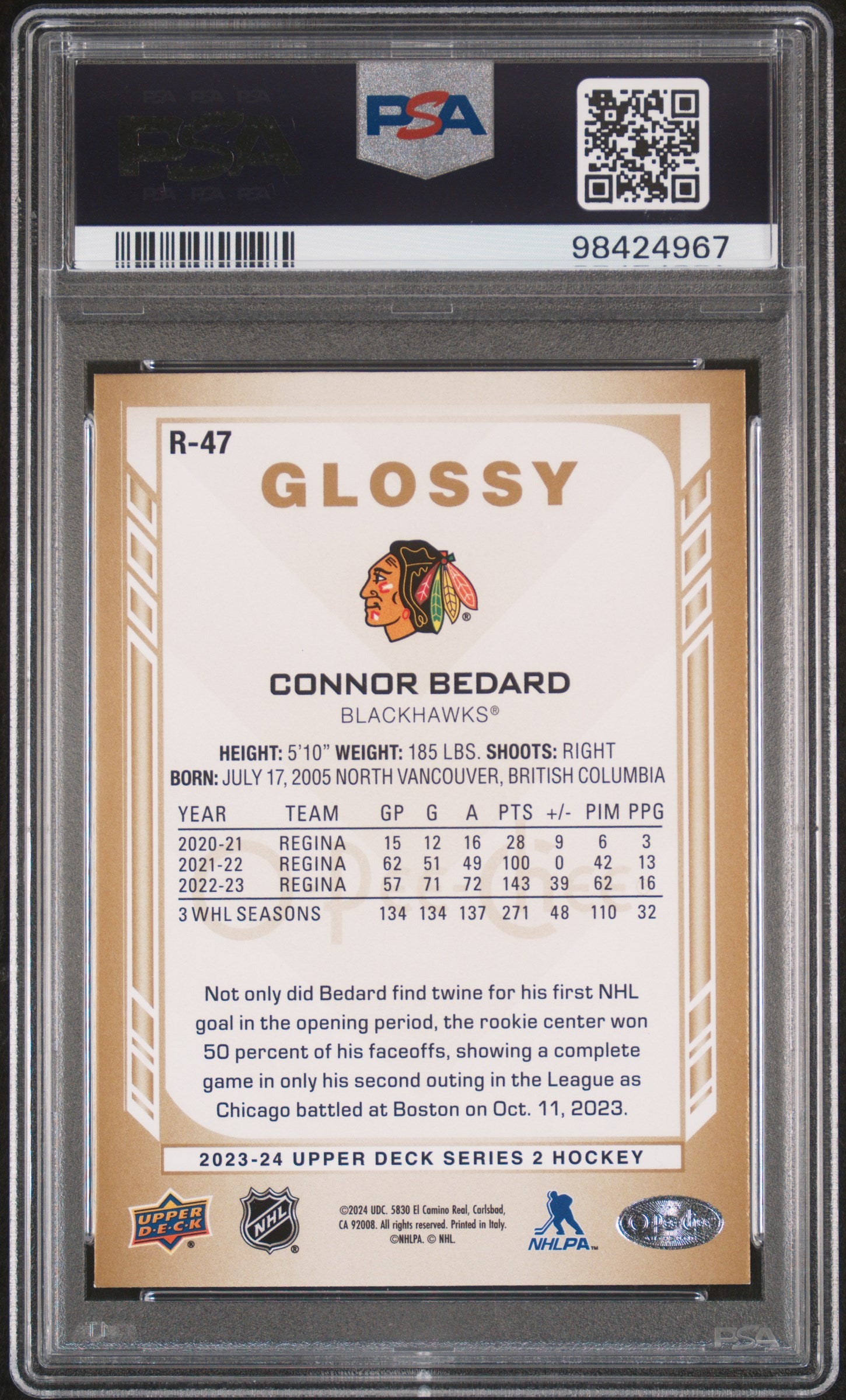 2023 Upper Deck O-Pee-Chee Glossy #R47 Connor Bedard Opc Glossy-Gold PSA 10